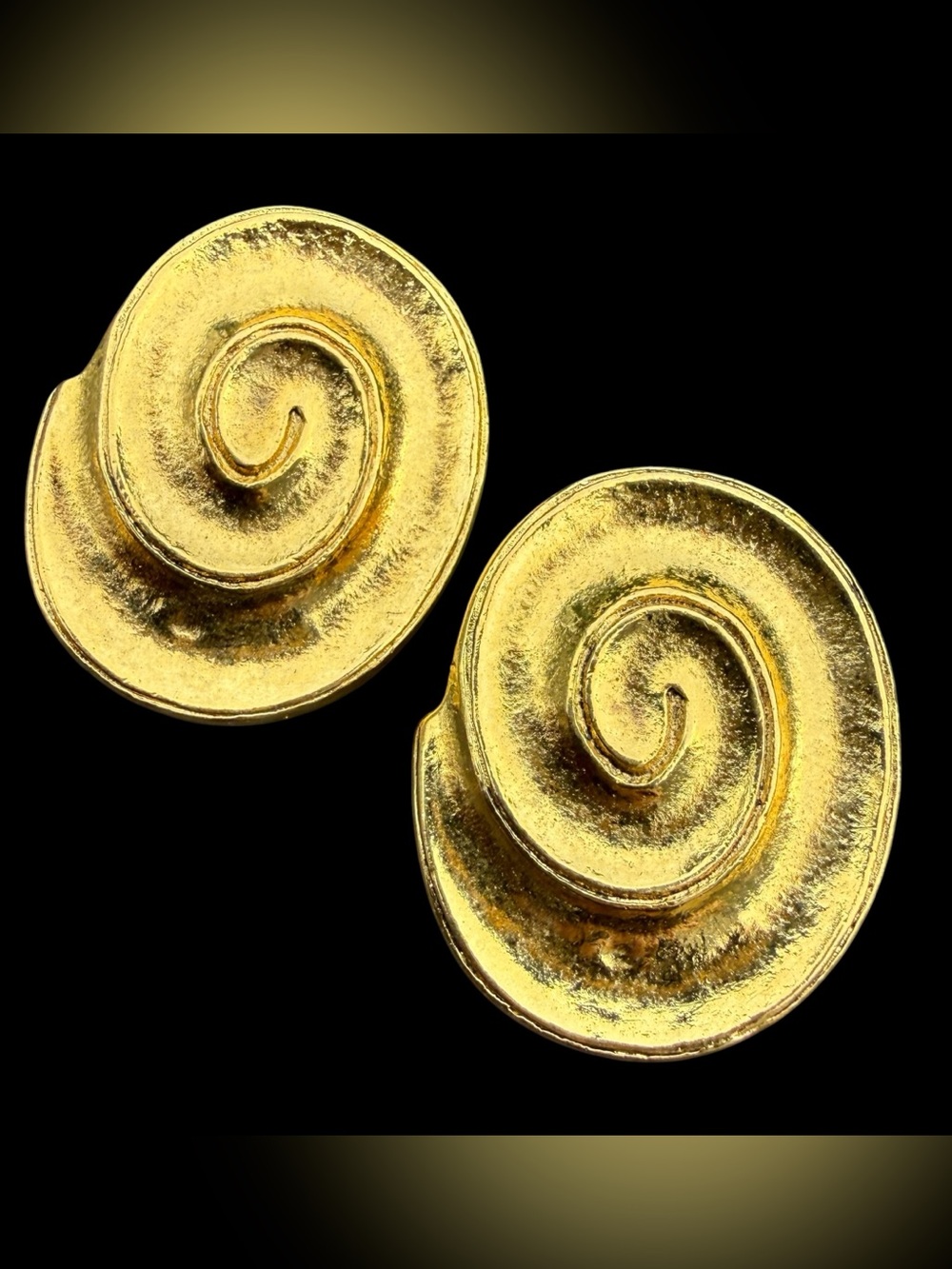 VTG Large Yves Saint Laurent Spiral Swirl Oval Medallion Clip Gold Earrings YSL